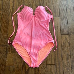 Old Navy Pink and Orange One Piece Swimsuit with Ribbed Stripes